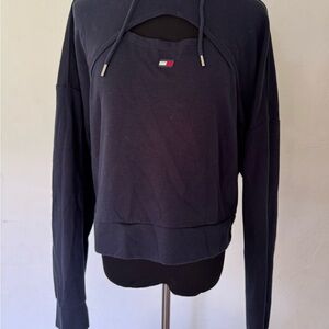 Tommy Hilfiger Cropped Hoodie Pullover Chest Cutout Long Sleeve Top